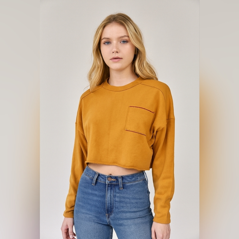NWOT Mate The Label Raw Hem Crew Neck Crop Sweater